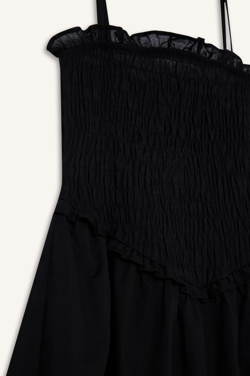 Woman Black Strappy Voile Mini Black Dress