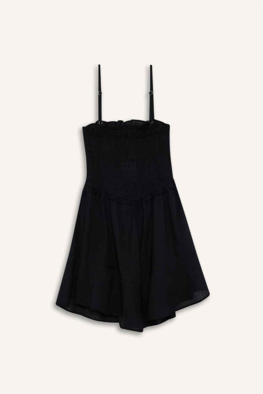Woman Black Strappy Voile Mini Black Dress
