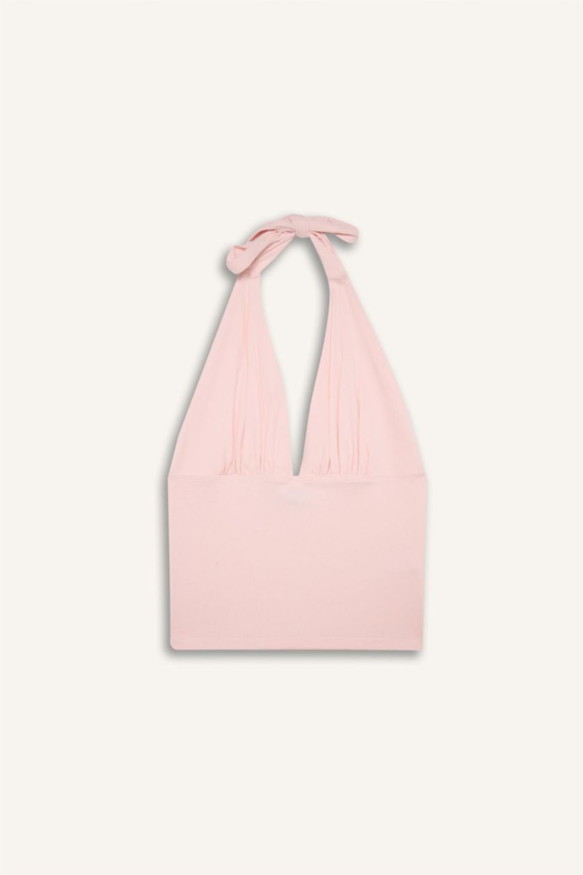 Women Light Pink Slim Fit Halter Collar Tank Top