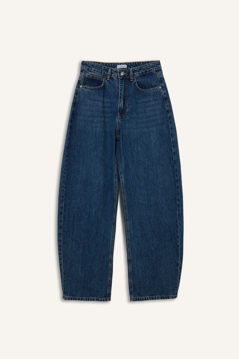 Kadın Koyu Mavi Barrel Fıt Yüksek Bel Katlamalı Paça Jean Yıkamalı Pantolon