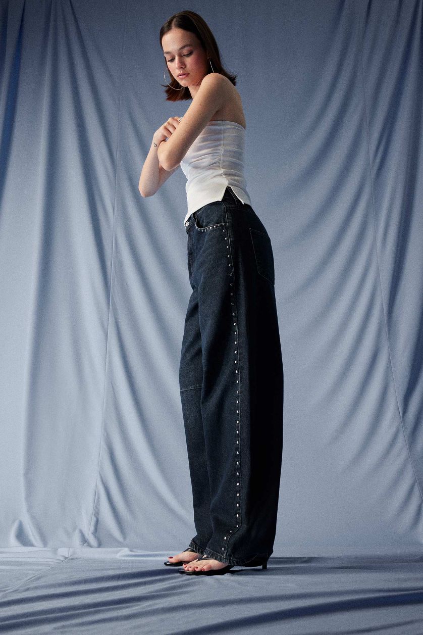 FEMME Noir Jean baggy taille haute