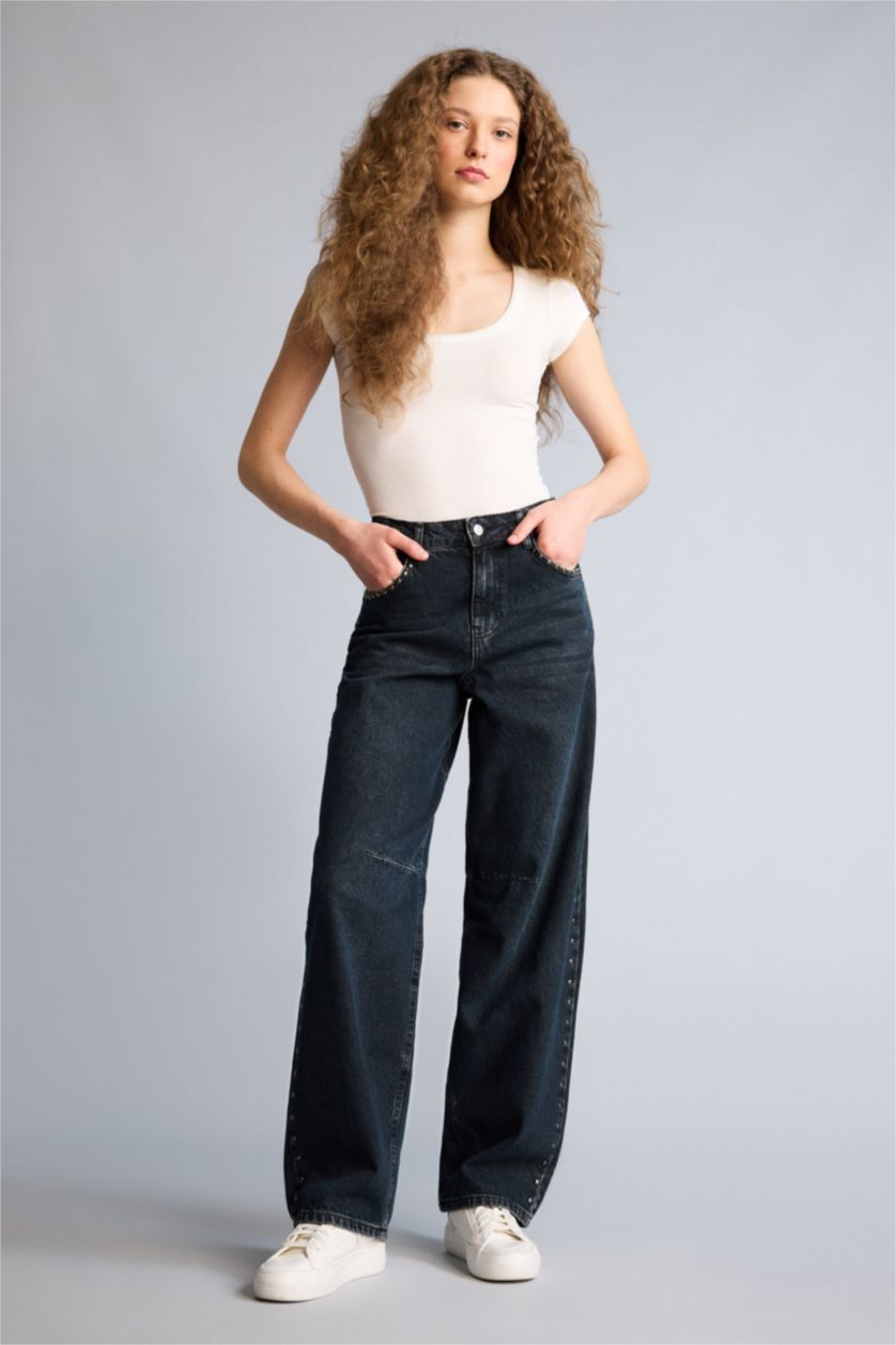 Женщины Черный Джинсы с высокой талией и длинной широкой штаниной