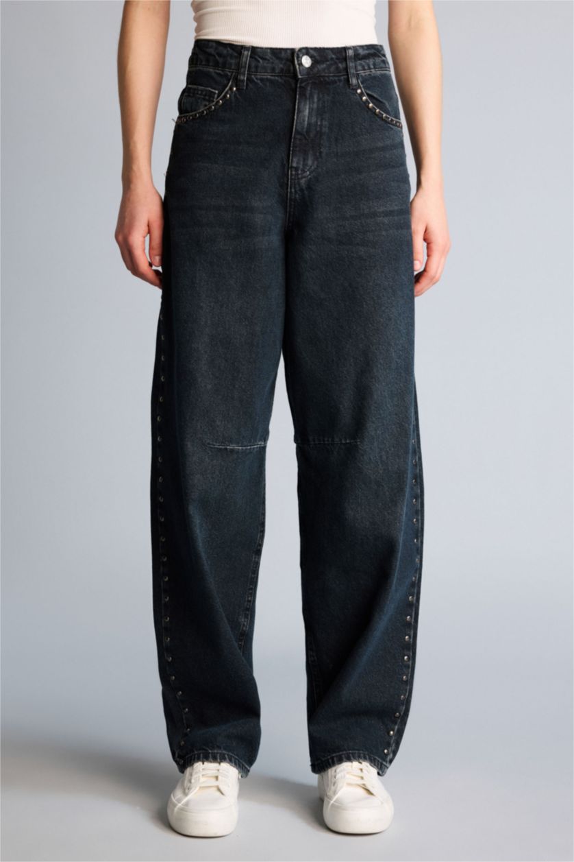 Женщины Черный Джинсы с высокой талией и длинной широкой штаниной