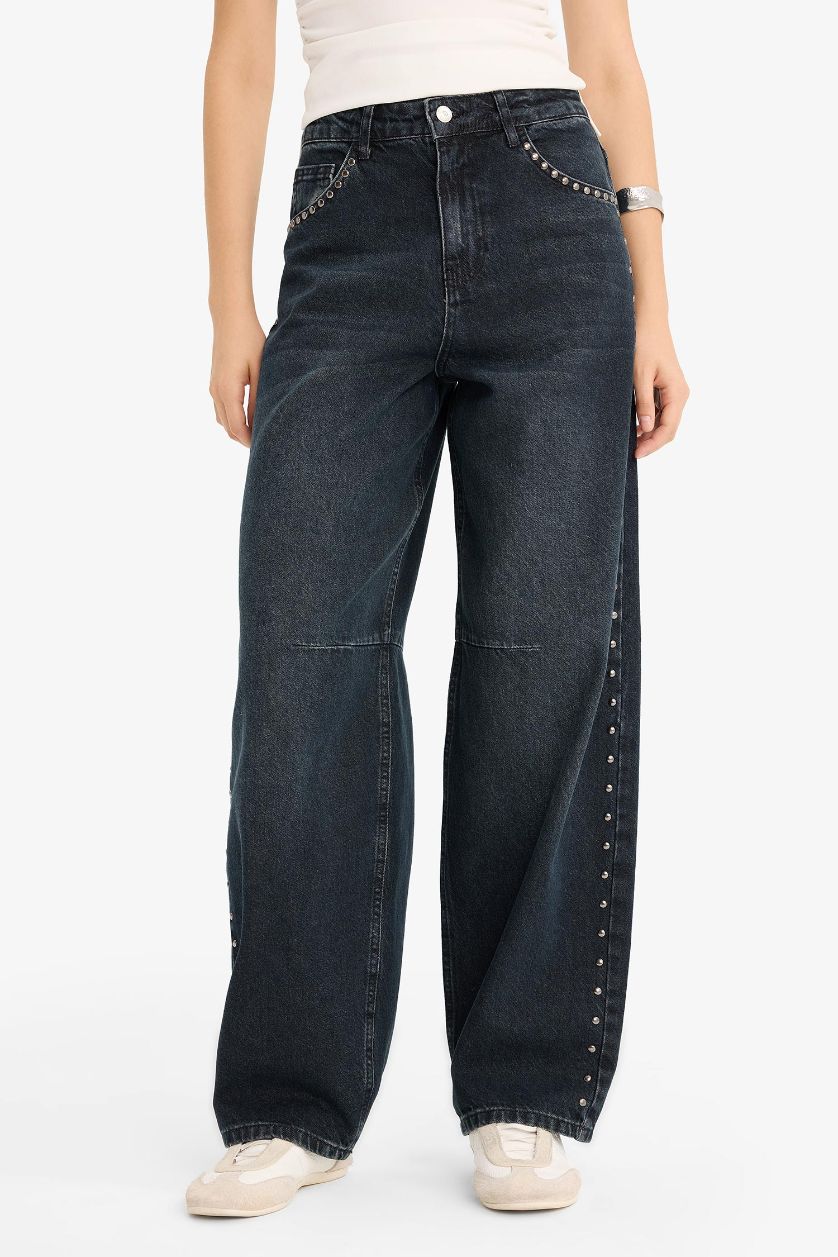 FEMME Noir Jean baggy taille haute