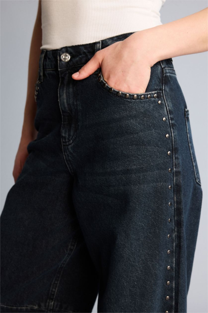 Женщины Черный Джинсы с высокой талией и длинной широкой штаниной