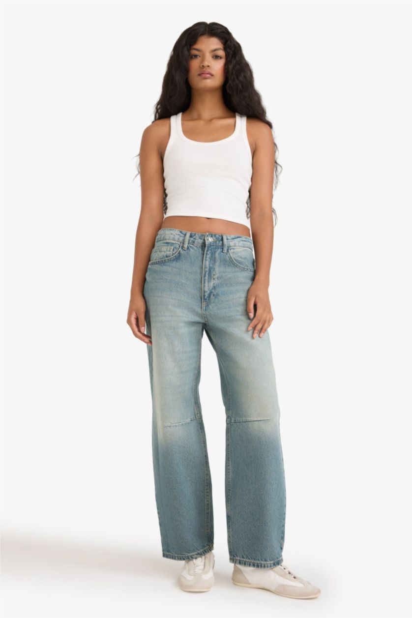 Kadın Mavi Barrel Fıt Yüksek Bel Bilek Boy Jean Yıkamalı Pantolon