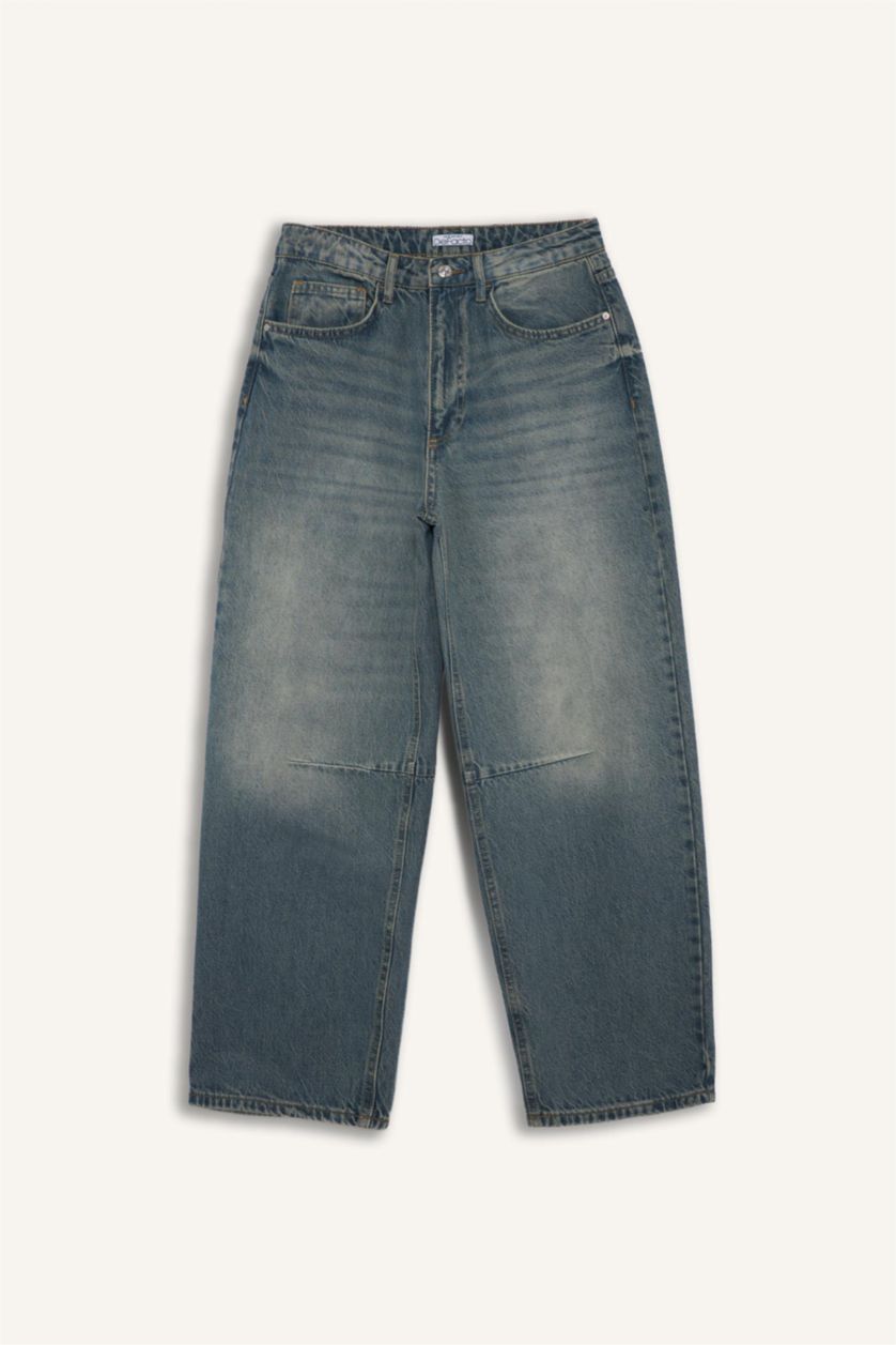 Kadın Mavi Barrel Fıt Yüksek Bel Bilek Boy Jean Yıkamalı Pantolon