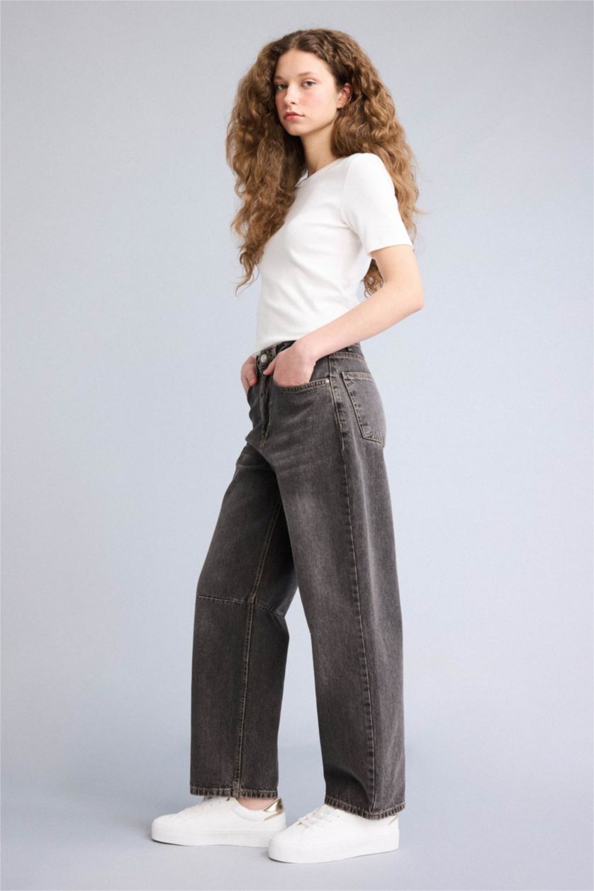 Kadın Antrasit Barrel Fıt Yüksek Bel Bilek Boy Jean Yıkamalı Pantolon