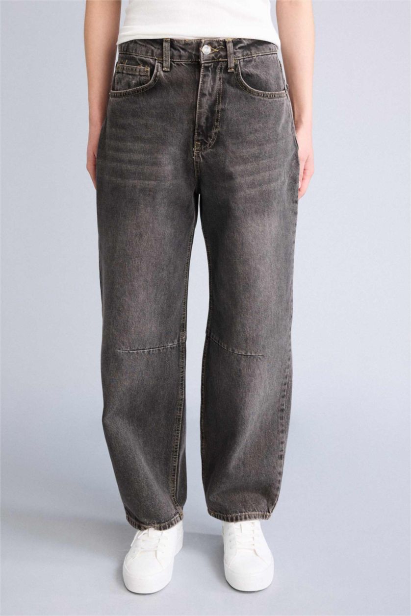 Kadın Antrasit Barrel Fıt Yüksek Bel Bilek Boy Jean Yıkamalı Pantolon