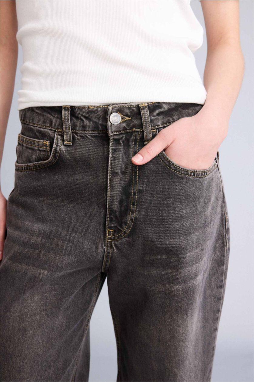 Kadın Antrasit Barrel Fıt Yüksek Bel Bilek Boy Jean Yıkamalı Pantolon