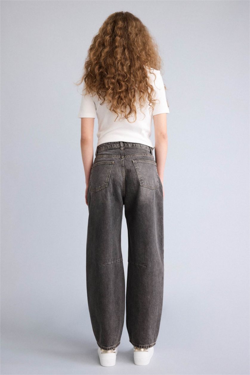 Kadın Antrasit Barrel Fıt Yüksek Bel Bilek Boy Jean Yıkamalı Pantolon