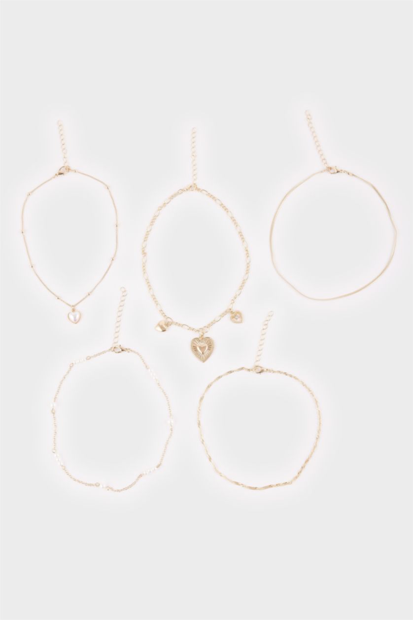 Kadın Altın Kadın Kalp Detaylı 5'li Kolye Seti