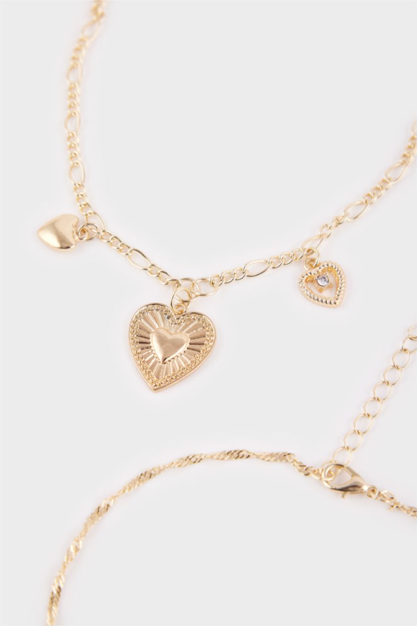 Kadın Altın Kadın Kalp Detaylı 5'li Kolye Seti