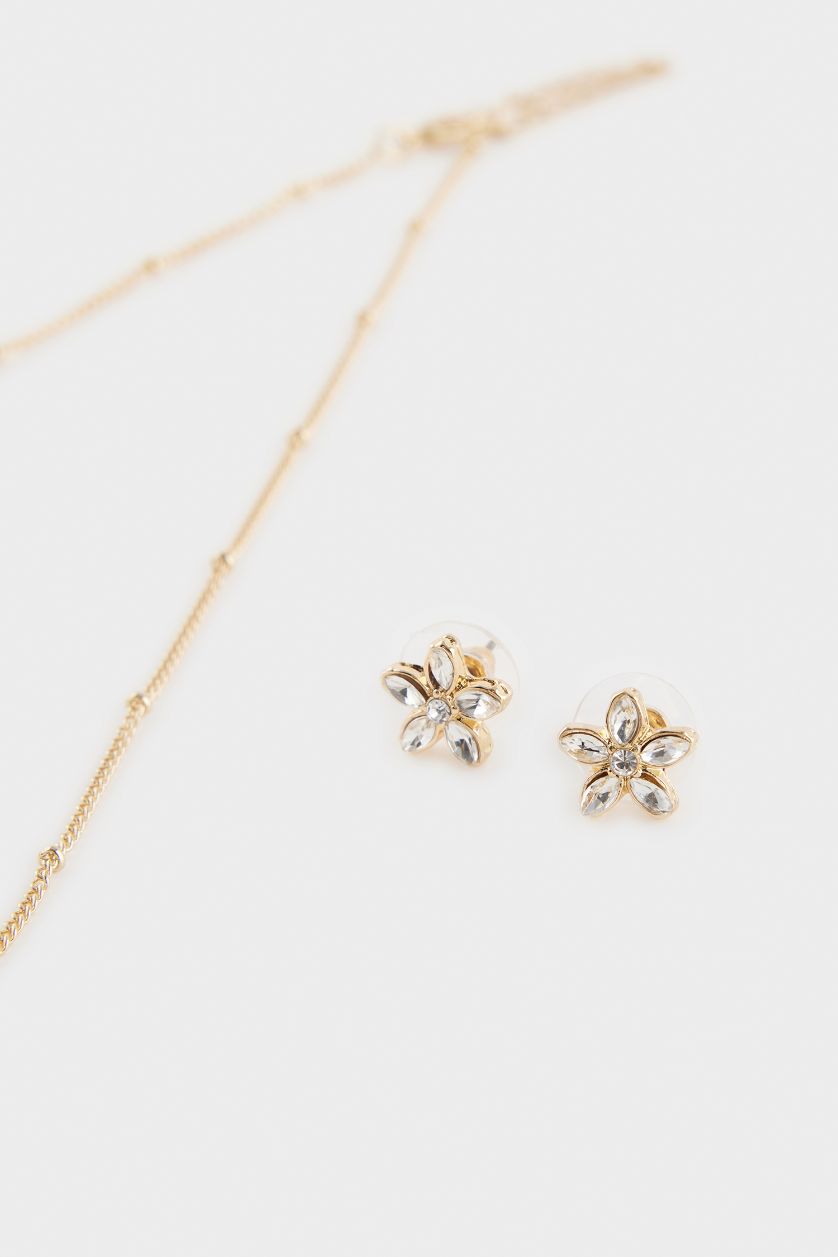 Kadın Altın Kadın Çiçek Uçlu Gold 2'li Kolye Küpe Seti