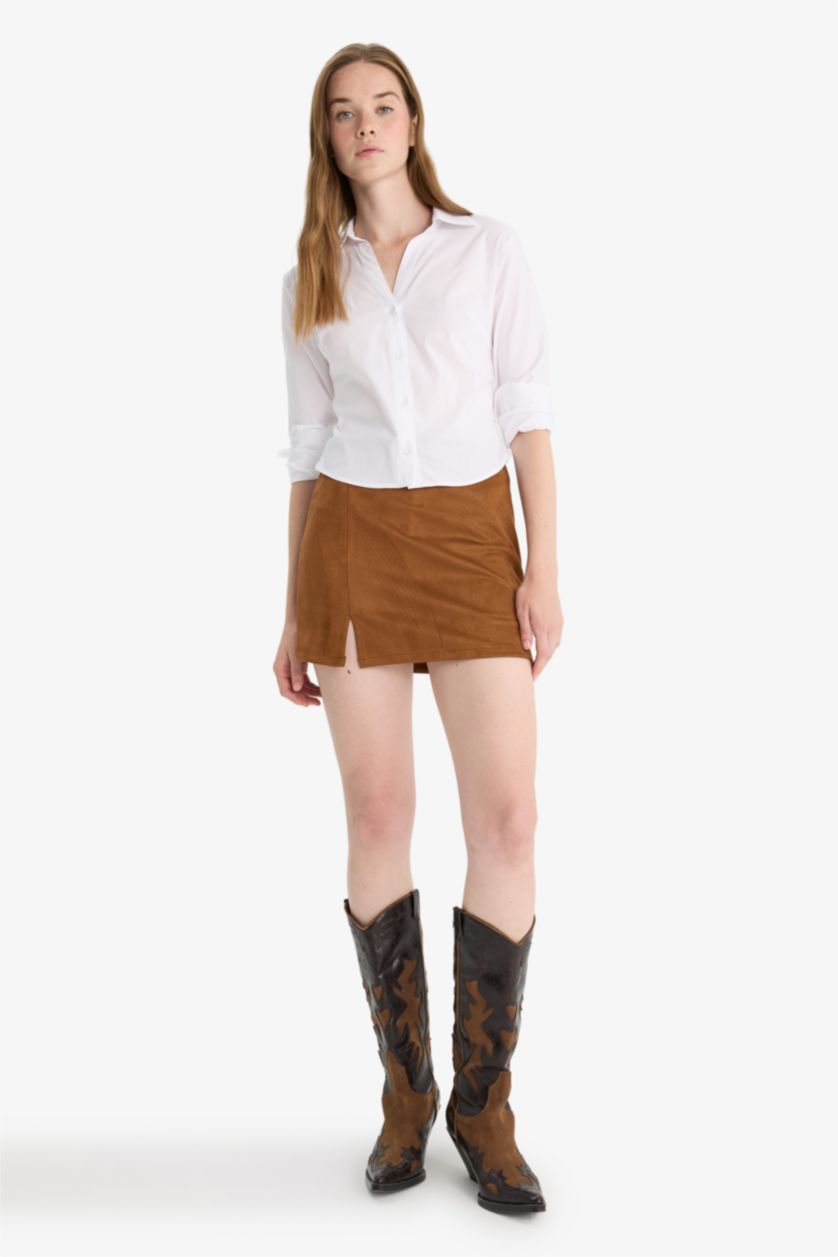 Kadın Kahve Yüksek Bel Süet Mini Etek