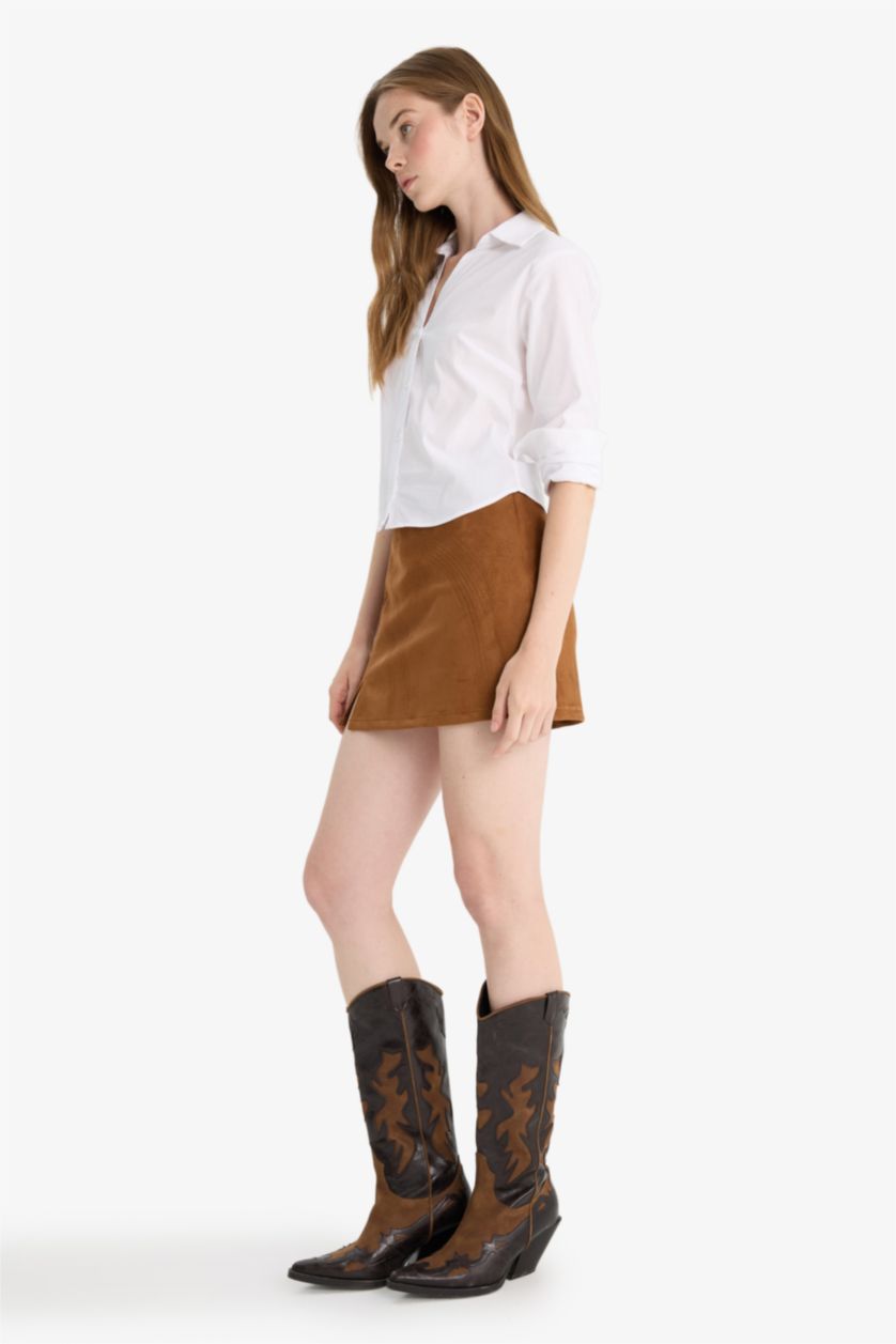 Kadın Kahve Yüksek Bel Süet Mini Etek