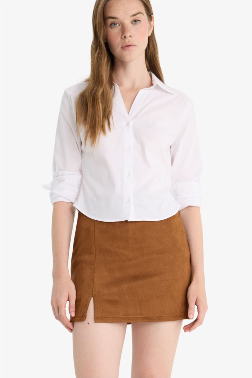 Kadın Kahve Yüksek Bel Süet Mini Etek