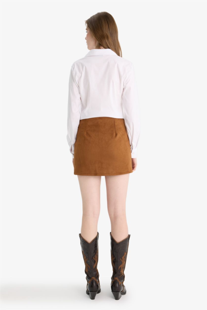 Kadın Kahve Yüksek Bel Süet Mini Etek