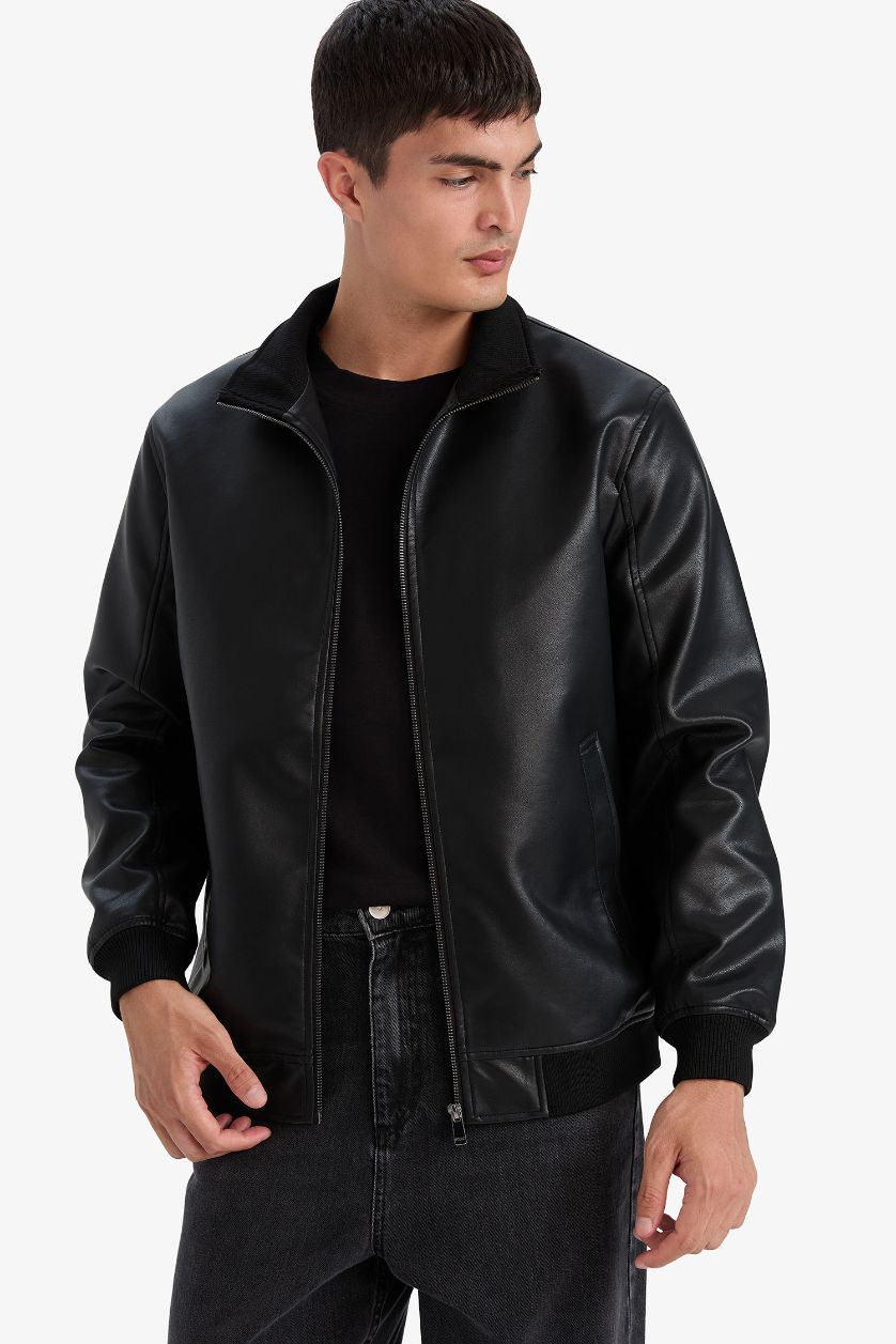 HOMME Noir Veste en similicuir à col montant doublée zippée Coupe slim