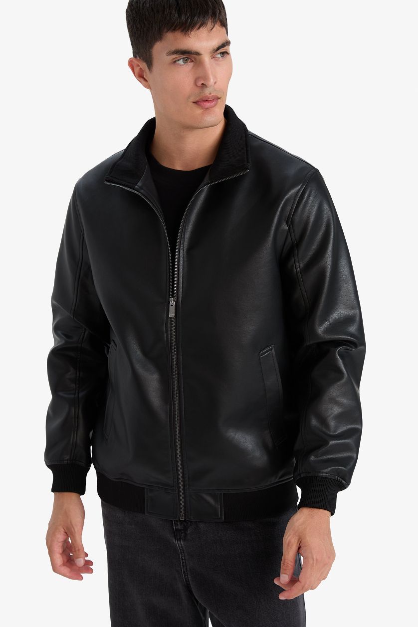 HOMME Noir Veste en similicuir à col montant doublée zippée Coupe slim