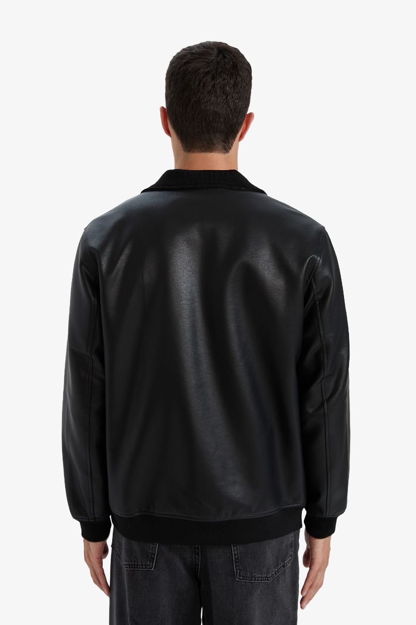 HOMME Noir Veste en similicuir à col montant doublée zippée Coupe slim