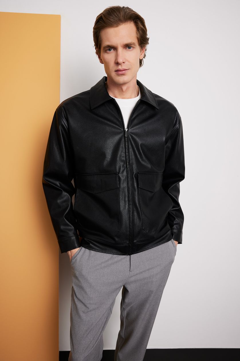 Мужчины Черный Куртка из искусственной кожи Slim Fit на молнии с подкладкой