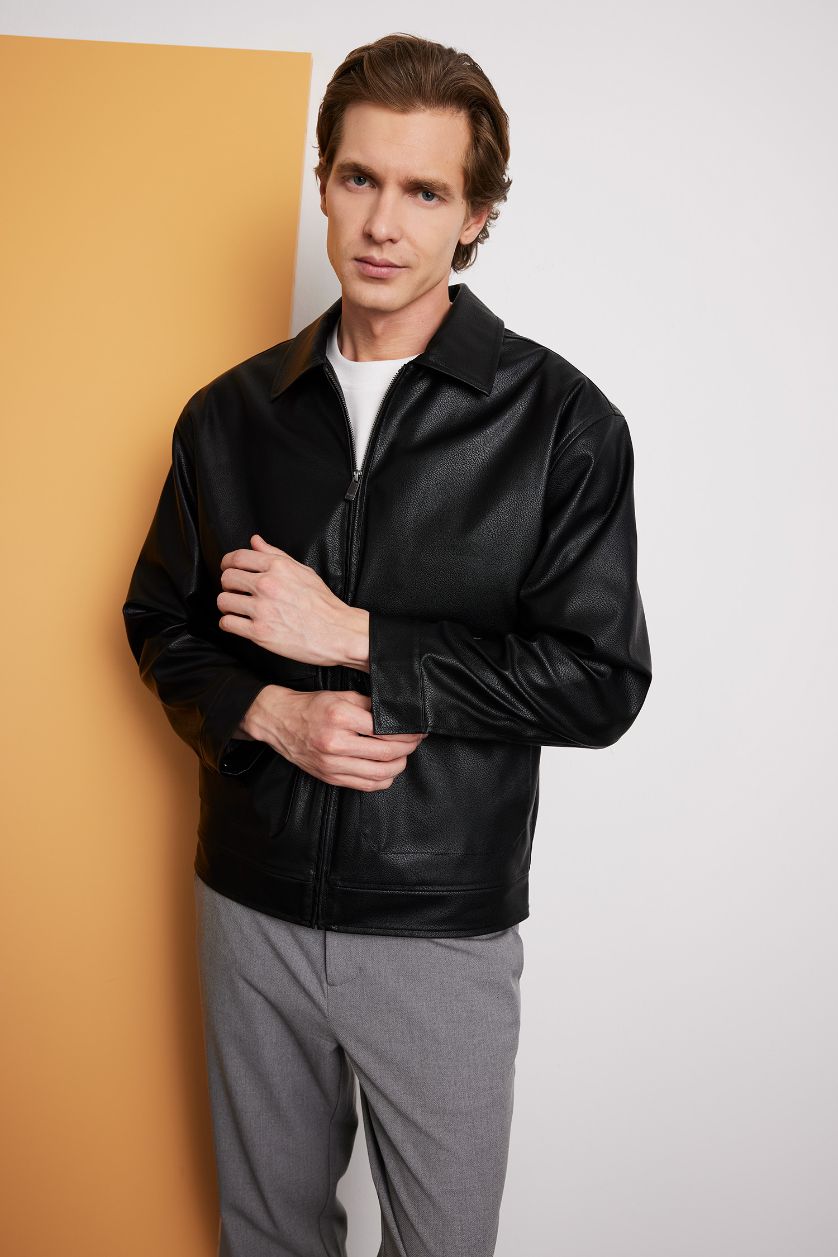 Мужчины Черный Куртка из искусственной кожи Slim Fit на молнии с подкладкой