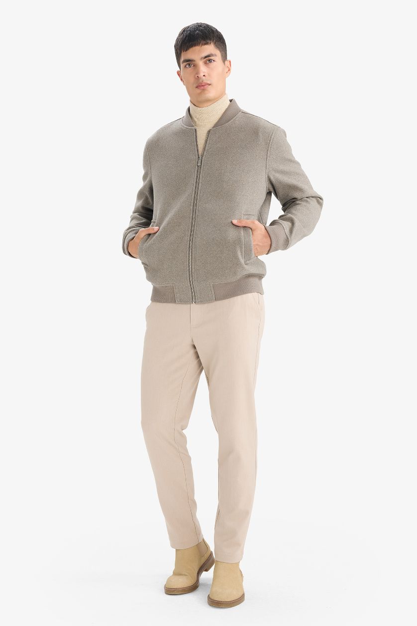 Erkek Kahve Melanj Regular Fıt Kolej Yaka Bomber Kaşe Mont