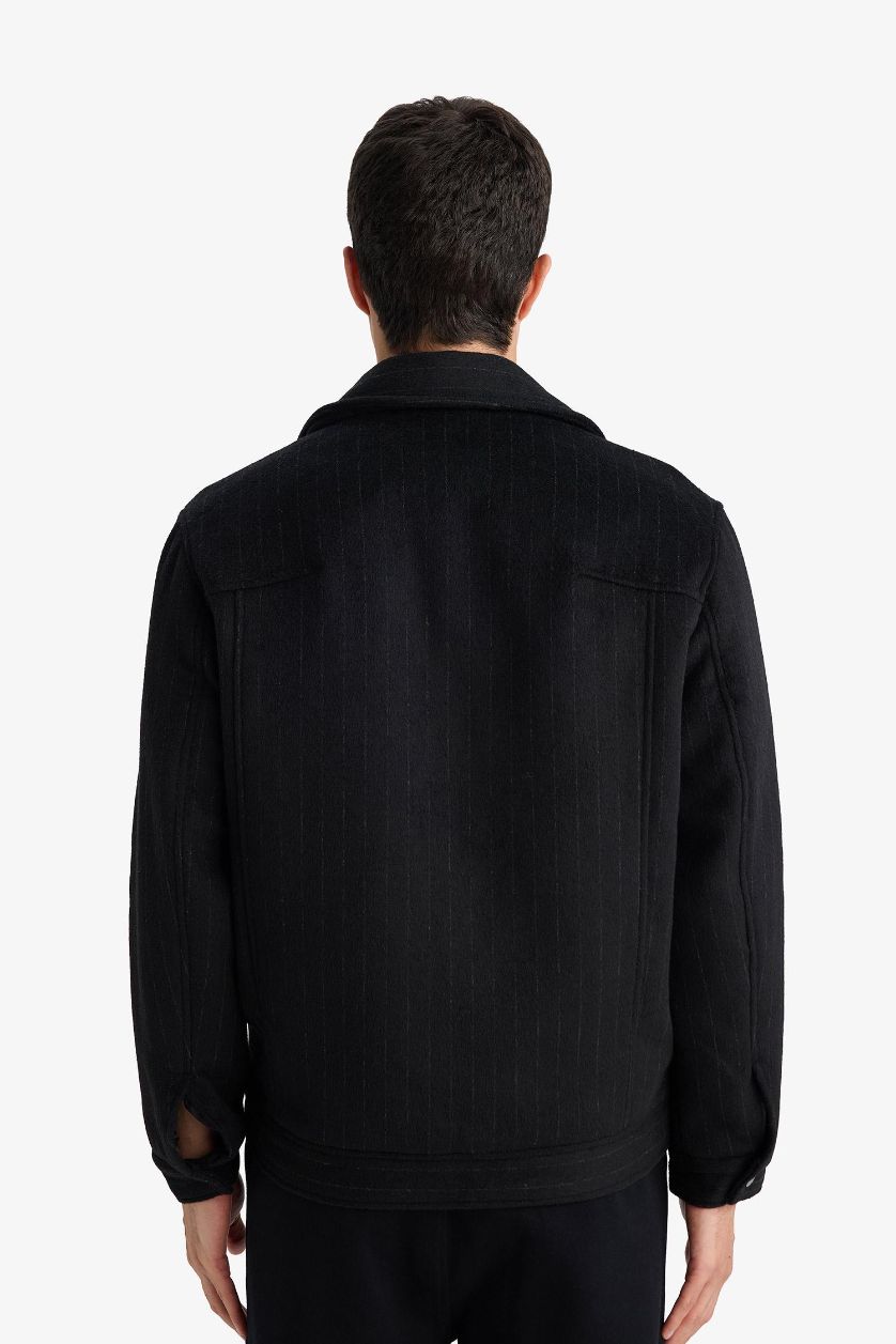 Erkek Siyah Astarlı Fermuarlı Yün Mont