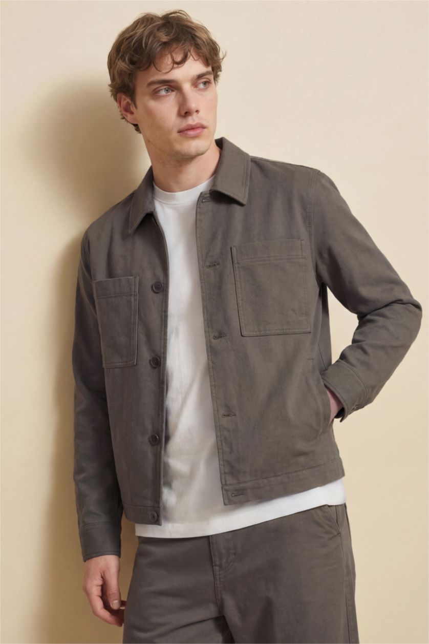 رجال كاكي غامق جاكيت قميص سليم فيت بياخة بولو مبطن