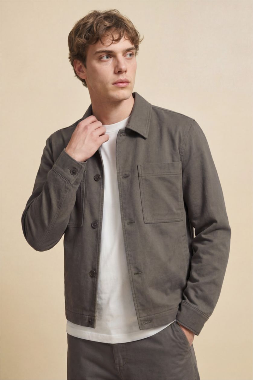 رجال كاكي غامق جاكيت قميص سليم فيت بياخة بولو مبطن