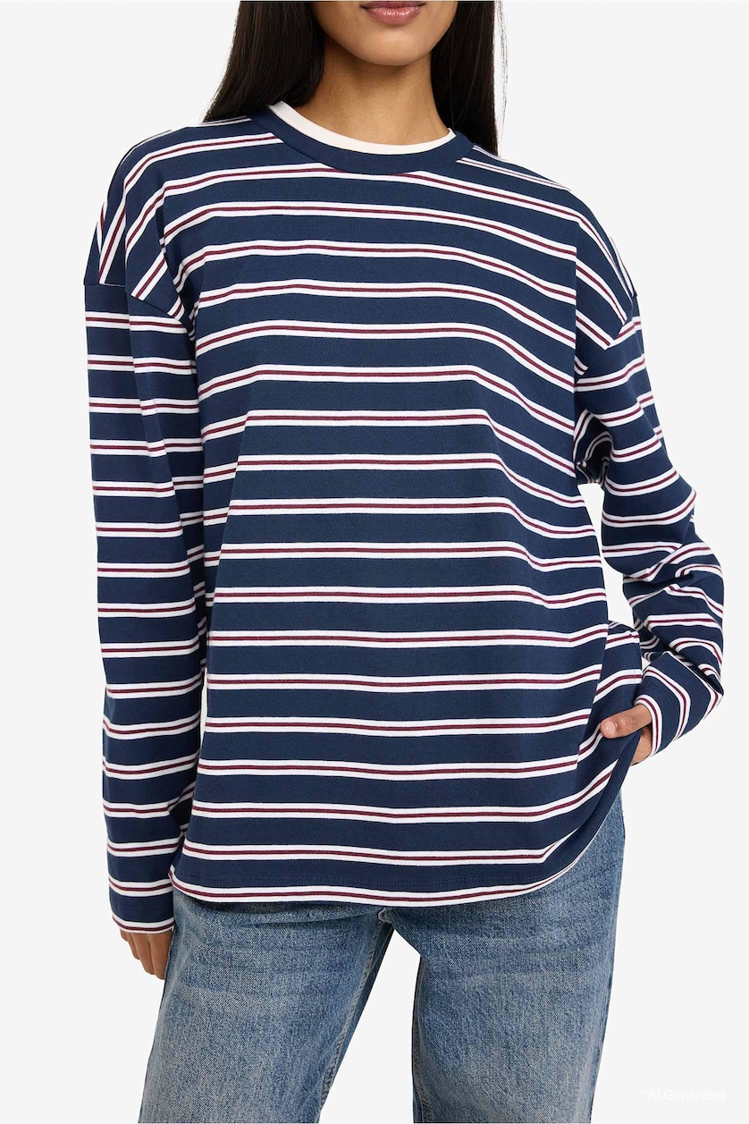 Kadın Lacivert %100 Pamuk Loose Fıt Çizgili Sweatshirt