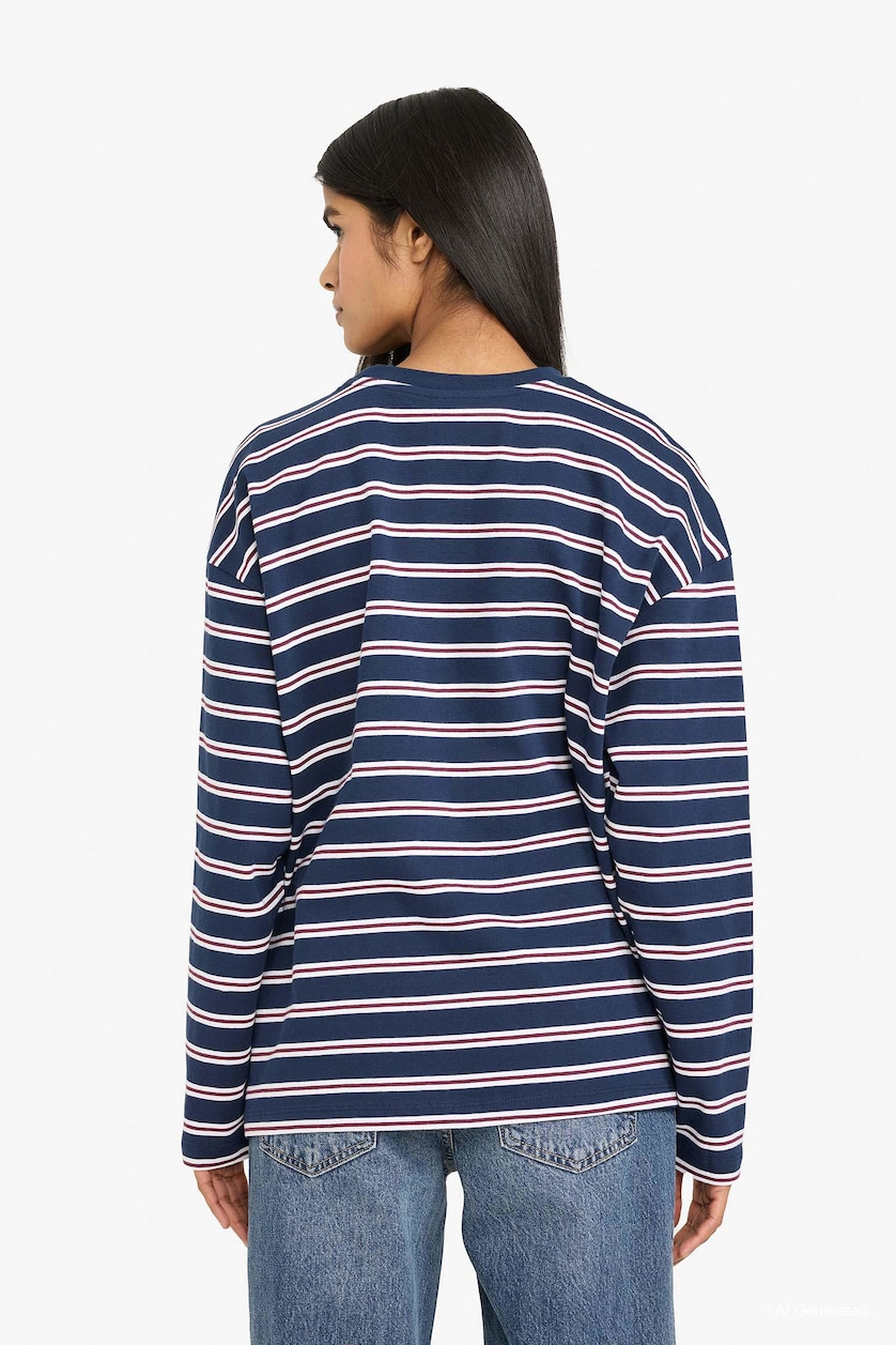 Kadın Lacivert %100 Pamuk Loose Fıt Çizgili Sweatshirt