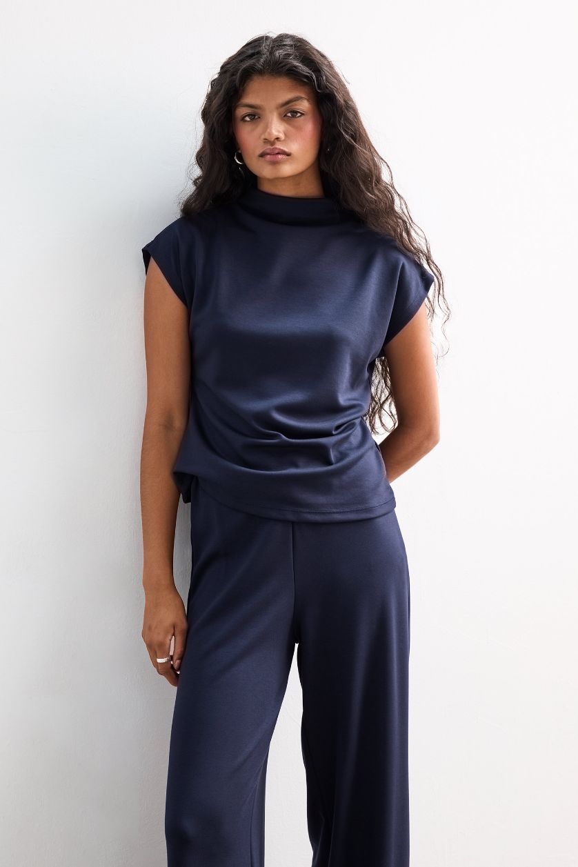 WOMAN NAVY Slim Fit Pique Half Turtleneck Tank Top