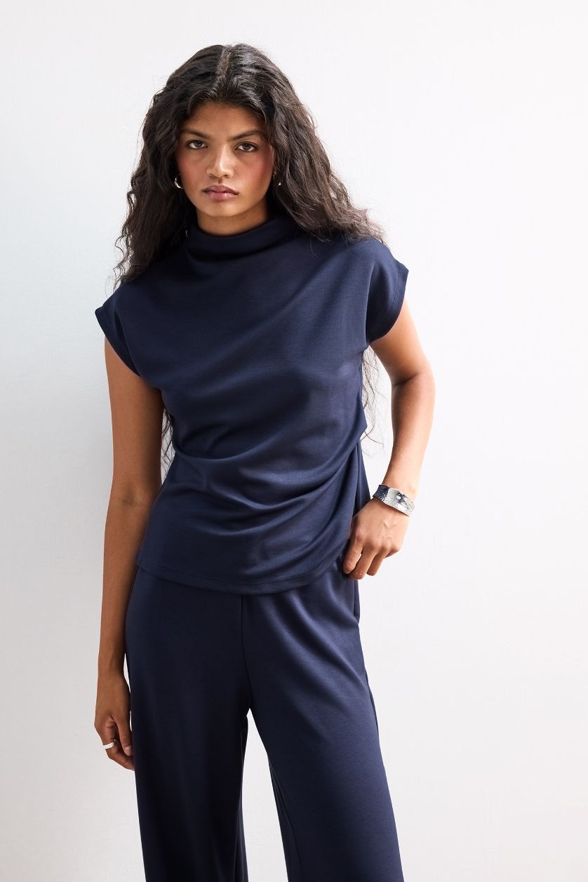 WOMAN NAVY Slim Fit Pique Half Turtleneck Tank Top