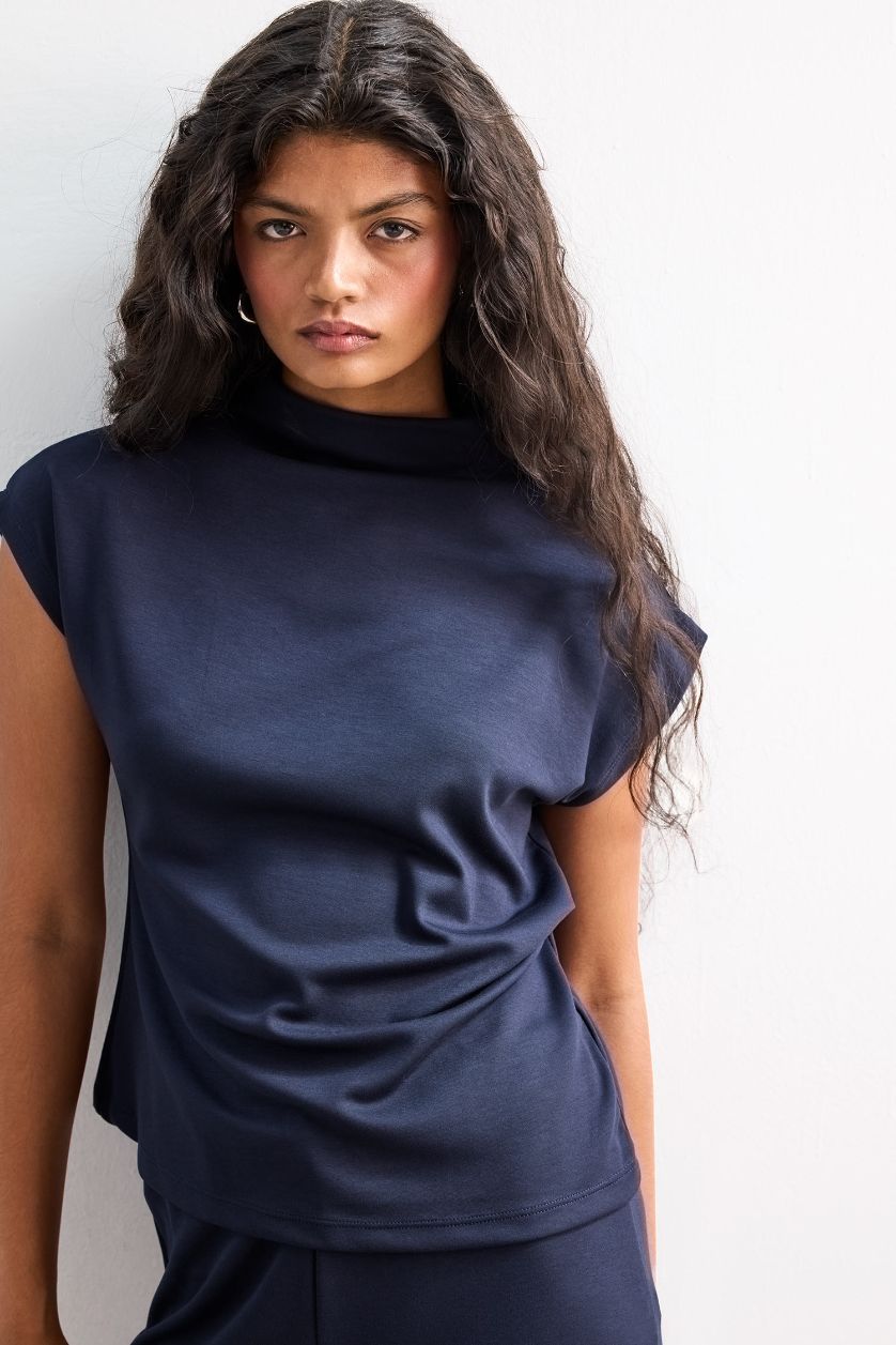 WOMAN NAVY Slim Fit Pique Half Turtleneck Tank Top