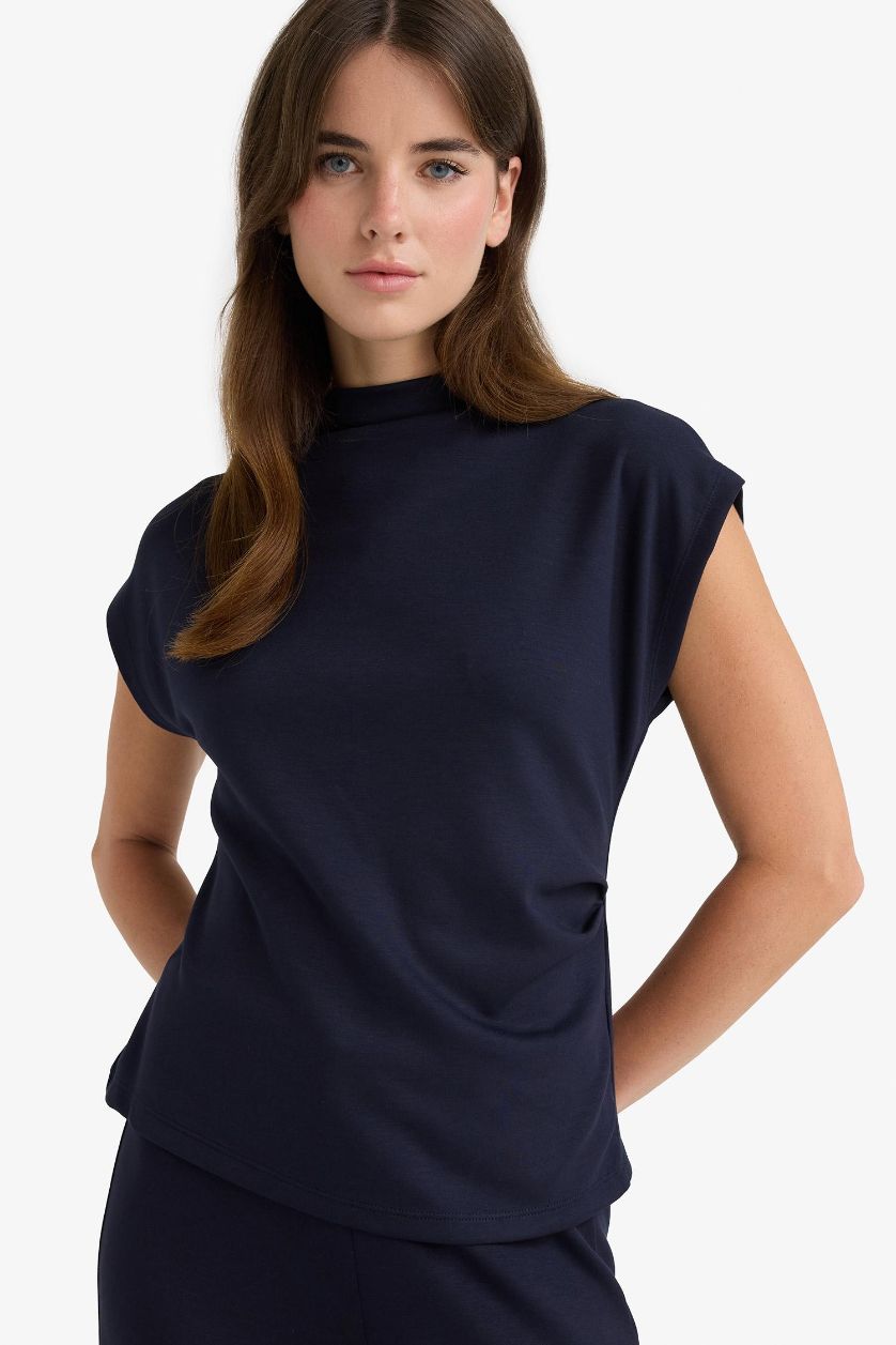 WOMAN NAVY Slim Fit Pique Half Turtleneck Tank Top