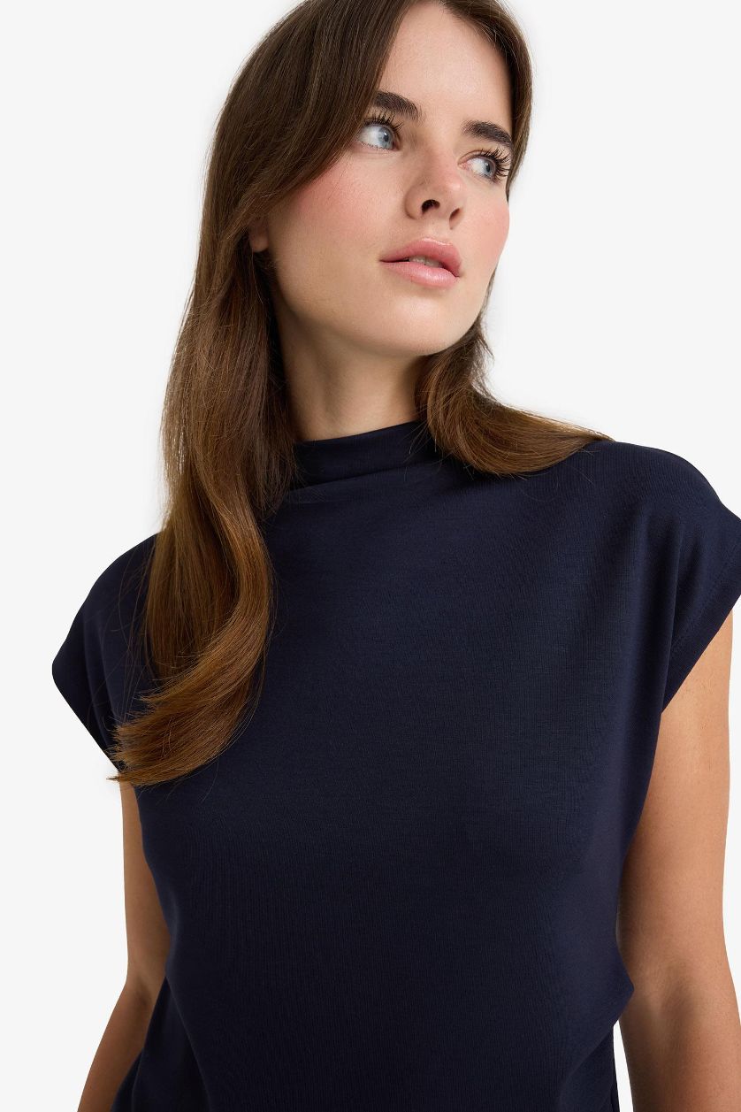 WOMAN NAVY Slim Fit Pique Half Turtleneck Tank Top