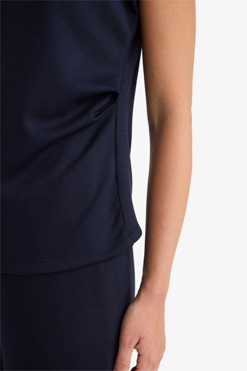 WOMAN NAVY Slim Fit Pique Half Turtleneck Tank Top