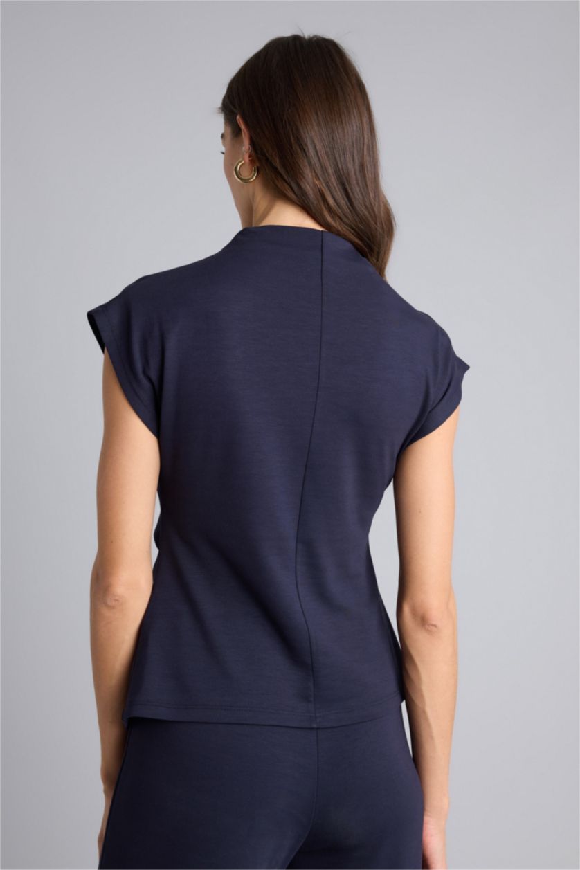 Женщины Синий Блузка Slim Fit с обтягивающим силуэтом с полуворотником и без рукавов