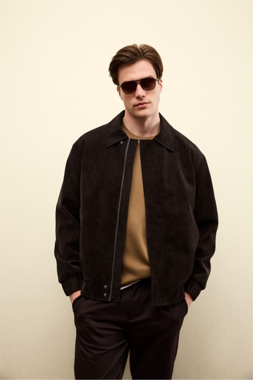 رجال بني غامق جاكيت جلد صناعي مبطن قصة مريحة برقبة بولو