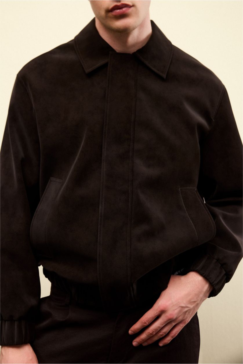 رجال بني غامق جاكيت جلد صناعي مبطن قصة مريحة برقبة بولو