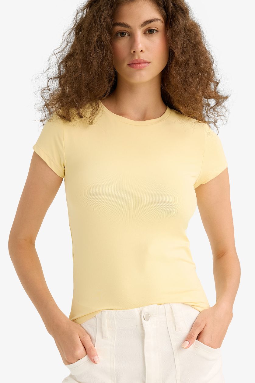 WOMAN Yellow Slim Fit Crew Neck Basic Short Sleeve T-Shirt