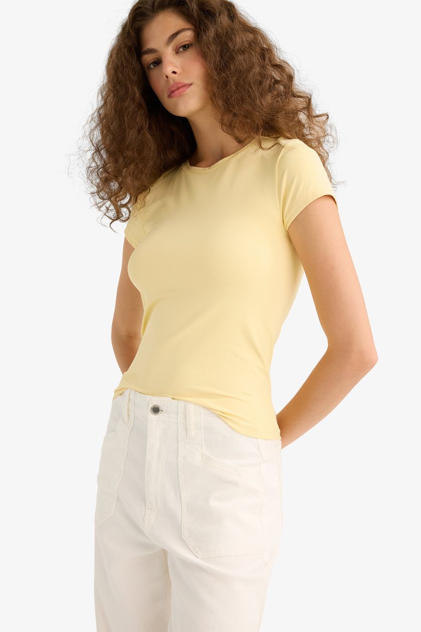 WOMAN Yellow Slim Fit Crew Neck Basic Short Sleeve T-Shirt