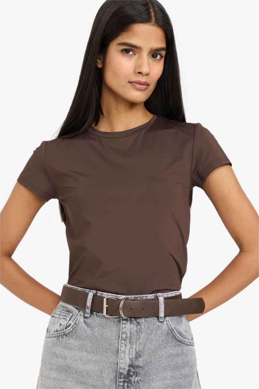 Әйелдерге Қоңыр Slim Fit дөңгелек жағалы қысқа жеңді футболка