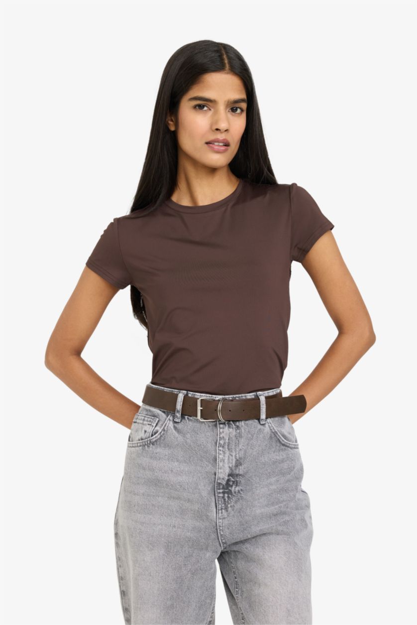 Әйелдерге Қоңыр Slim Fit дөңгелек жағалы қысқа жеңді футболка