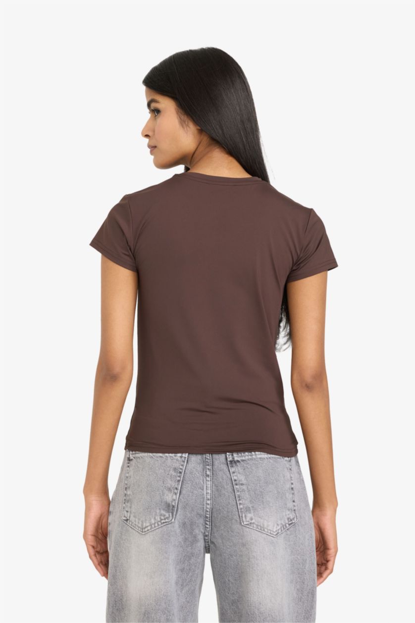 Әйелдерге Қоңыр Slim Fit дөңгелек жағалы қысқа жеңді футболка