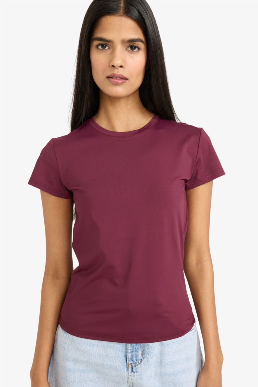 Әйелдерге Бордо Slim Fit дөңгелек жағалы қысқа жеңді футболка