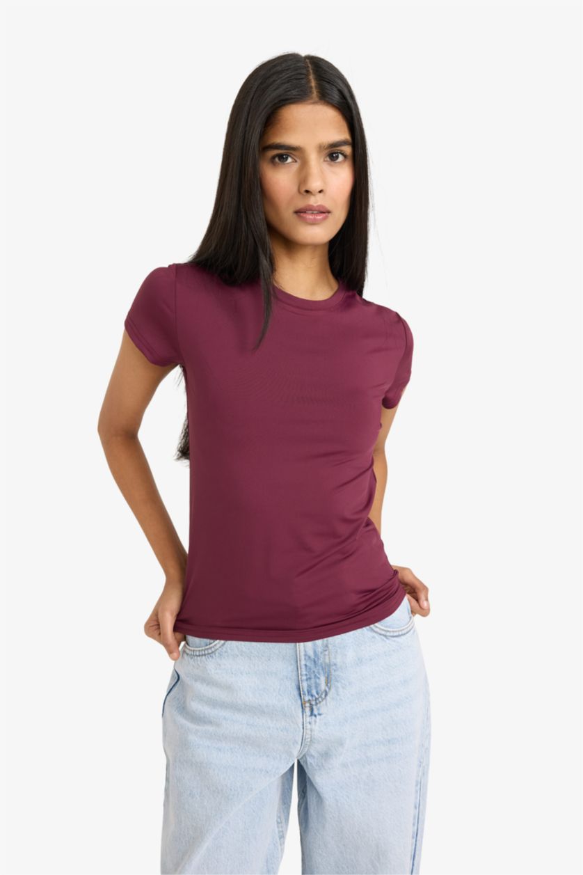 Әйелдерге Бордо Slim Fit дөңгелек жағалы қысқа жеңді футболка