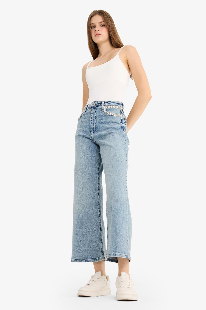 Kadın Mavi Kısa Geniş Paça Yüksek Bel Bilek Boy Jean Yıkamalı Pantolon